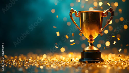 Champion's gold award trophy cup with sparkling golden confetti and festive bokeh lights background