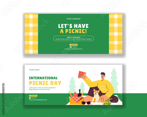 Picnic Day Social Media Horizontal Banner with Hand Drawn Cartoon Background