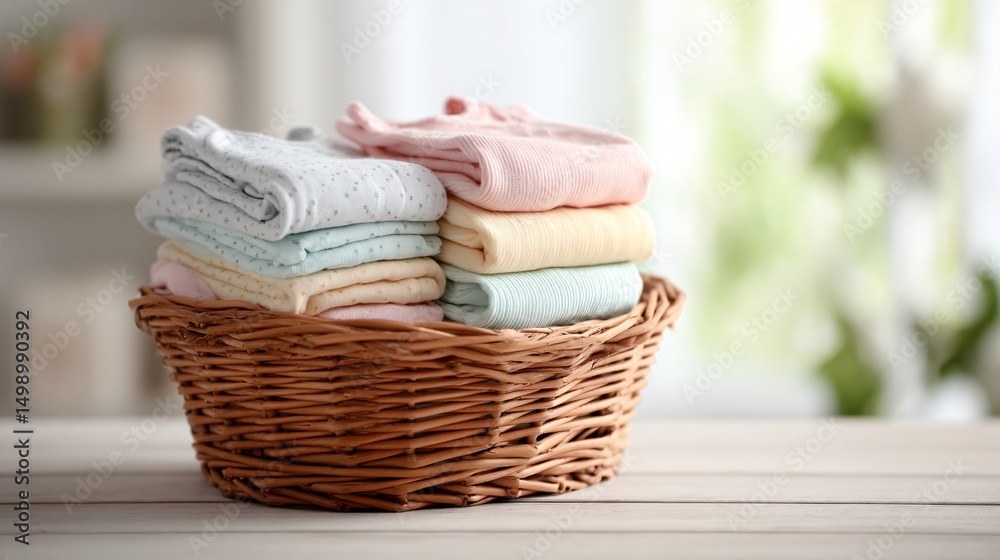 Obraz premium Side view of wicker basket with minimal baby clothes folded inside, pastel nursery background