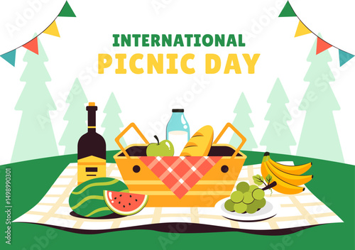 International Picnic Day Flat Cartoon Illustration with Outdoor Picnic Setting Background