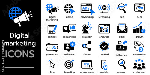 Digital marketing icon set. seo, content, ads, social media, sales and online advertising. Solid vector icons collection.
