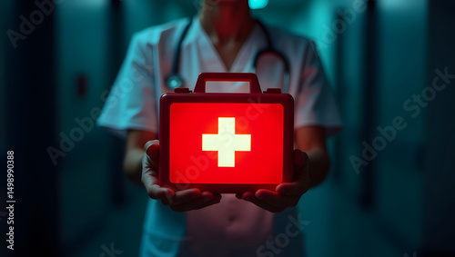 Medical professional holding a brightly lit red emergency first aid kit. Healthcare and urgent care concept