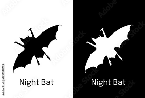 Minimalist bat silhouettes. Two versions, black on white and white on black, depicting a flying bat. Ideal for Halloween, nocturnal themes, or animal icons.