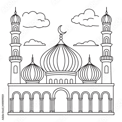Mosque with Domes and Minarets - Beautiful Line Art for Religious Architecture