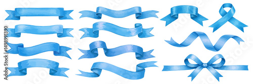 青い色のリボンのエレガントなあしらい手書き水彩風イラストセット 水色