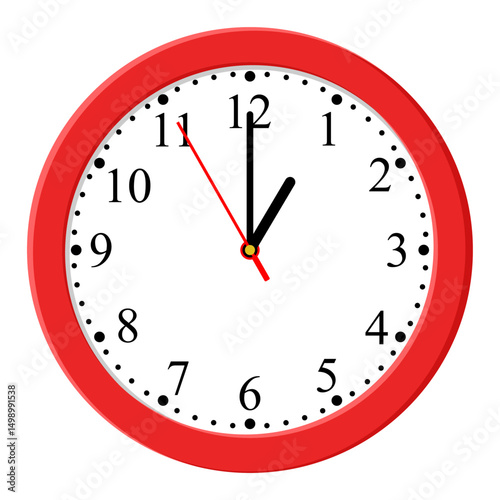 Vector simple classic red round wall clock isolated on white, clock at 13.00