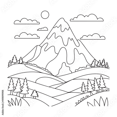 Mountain Landscape with Trees and Clouds - Beautiful Line Art for Nature Lovers