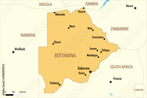 Vector Map of Botswana with Major Cities and Neighboring Countries – Editable Illustration