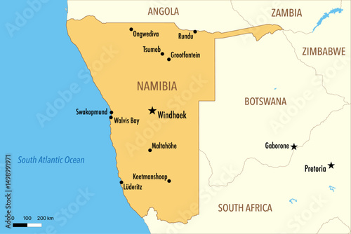 Vector Map of Namibia with Major Cities and Neighboring Countries – Editable Illustration