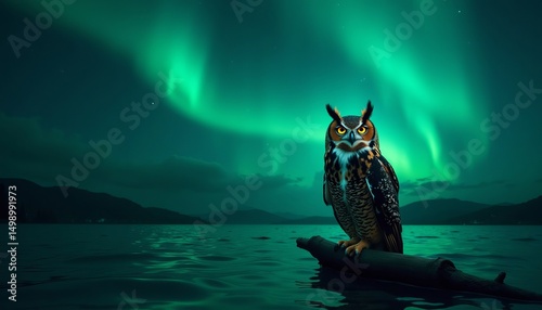 Regal owl sits on a rock by the water under a majestic northern lights sky, portraying a stunning arctic landscape night scene