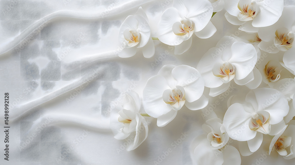 Obraz premium White orchid wedding bouquet on textured silk background, close up spring blossom floral beauty macro plant petals nature branch bloom with copy space