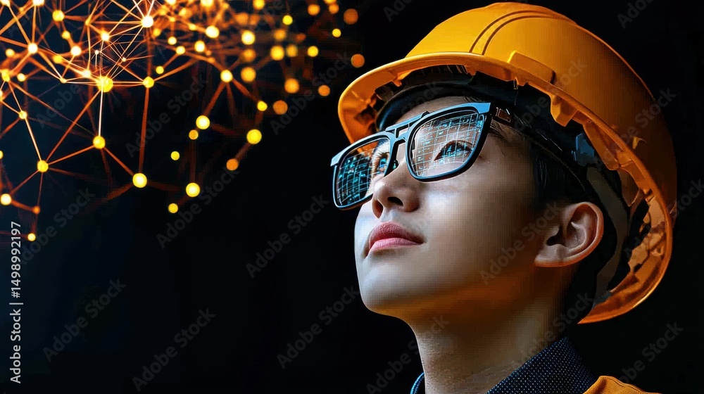 Obraz premium Young engineer with reflective glasses and hard hat gazing at digital network concept against dark background for innovative technology imagery