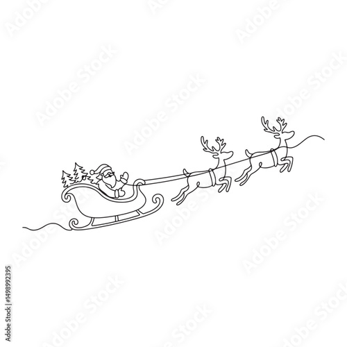 Santa Claus with Sleigh and Reindeer Flying Across the Sky - Line Art for Christmas