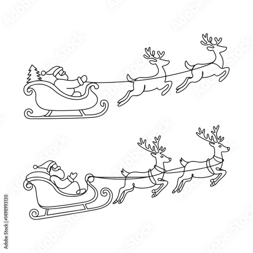 Santa Claus with Sleigh and Reindeer Flying Across the Sky - Line Art for Christmas