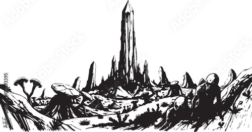 Fantastic landscape on a distant planet, mountains, planets, wastelands, futurism. Hand drawn vector illustration