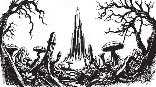 Fantastic landscape on a distant planet, mountains, planets, wastelands, futurism. Hand drawn vector illustration