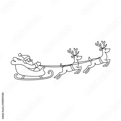 Santa Claus with Sleigh and Reindeer Flying Across the Sky - Line Art for Christmas