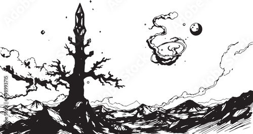 Fantastic landscape on a distant planet, mountains, planets, wastelands, futurism. Hand drawn vector illustration