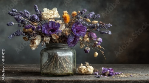 Dried Flower Bouquet in Vintage Glass Jar on Dark Wooden Table