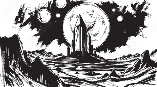 Fantastic landscape on a distant planet, mountains, planets, wastelands, futurism. Hand drawn vector illustration