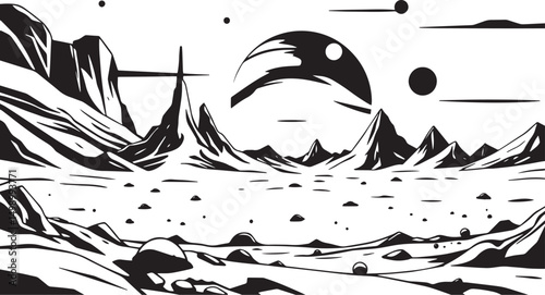 Fantastic landscape on a distant planet, mountains, planets, wastelands, futurism. Hand drawn vector illustration