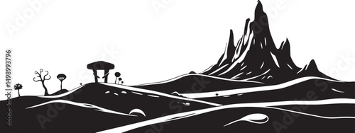 Fantastic landscape on a distant planet, mountains, planets, wastelands, futurism. Hand drawn vector illustration