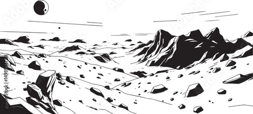 Fantastic landscape on a distant planet, mountains, planets, wastelands, futurism. Hand drawn vector illustration