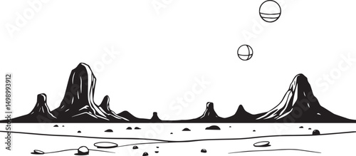 Fantastic landscape on a distant planet, mountains, planets, wastelands, futurism. Hand drawn vector illustration