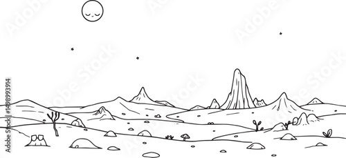 Fantastic landscape on a distant planet, mountains, planets, wastelands, futurism. Hand drawn vector illustration