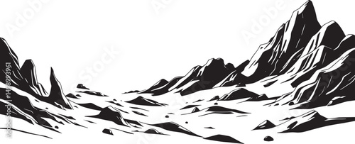 Fantastic landscape on a distant planet, mountains, planets, wastelands, futurism. Hand drawn vector illustration