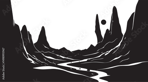 Fantastic landscape on a distant planet, mountains, planets, wastelands, futurism. Hand drawn vector illustration