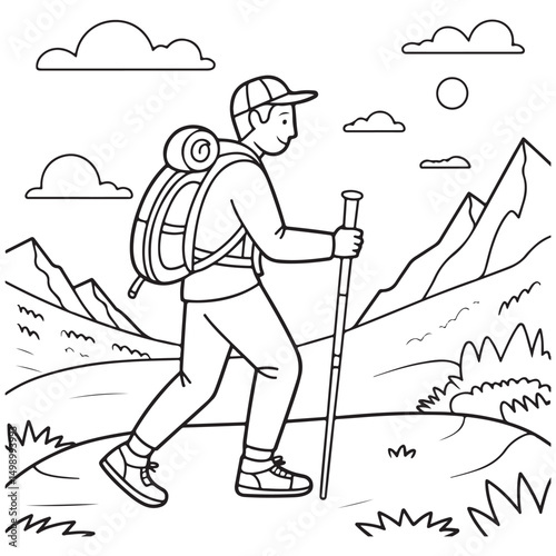Hand-drawn illustration of a hiker walking on a mountain trail with backpack and trekking poles