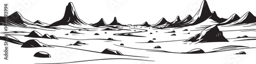 Fantastic landscape on a distant planet, mountains, planets, wastelands, futurism. Hand drawn vector illustration