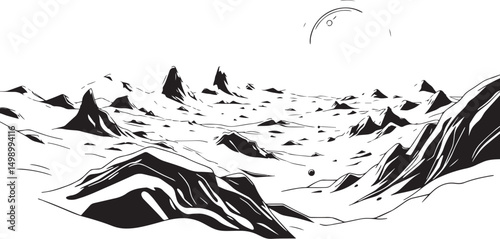 Fantastic landscape on a distant planet, mountains, planets, wastelands, futurism. Hand drawn vector illustration