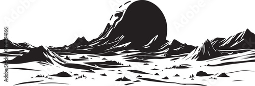 Fantastic landscape on a distant planet, mountains, planets, wastelands, futurism. Hand drawn vector illustration