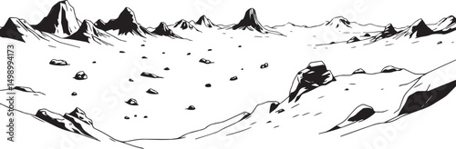 Fantastic landscape on a distant planet, mountains, planets, wastelands, futurism. Hand drawn vector illustration