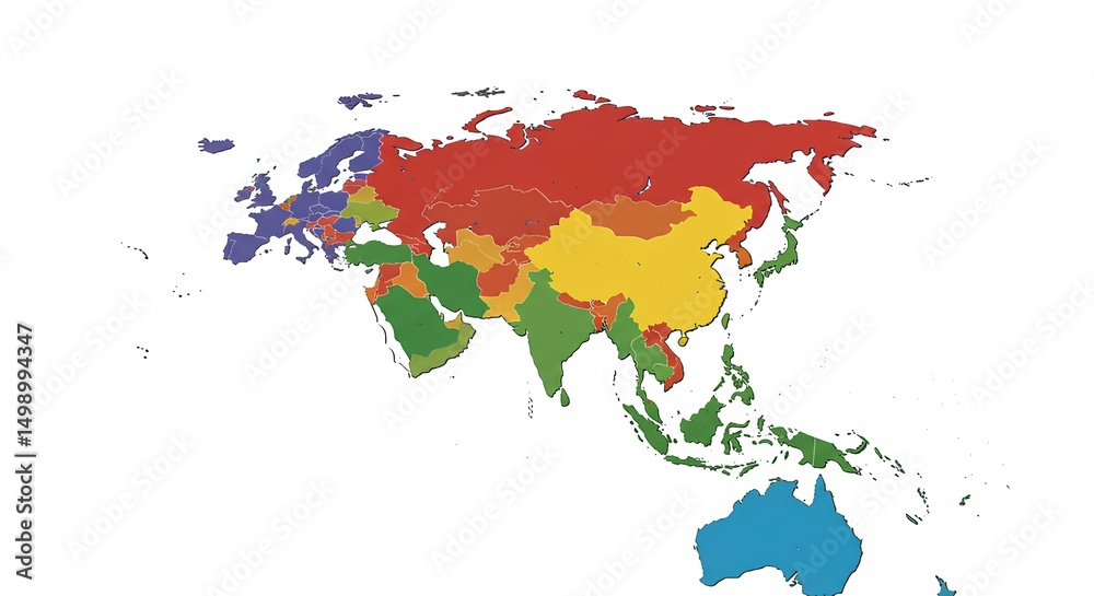 Fototapeta premium Political Map of Asia and Europe Featuring Distinctly Colored Countries
