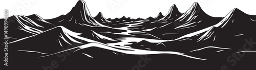 Fantastic landscape on a distant planet, mountains, planets, wastelands, futurism. Hand drawn vector illustration