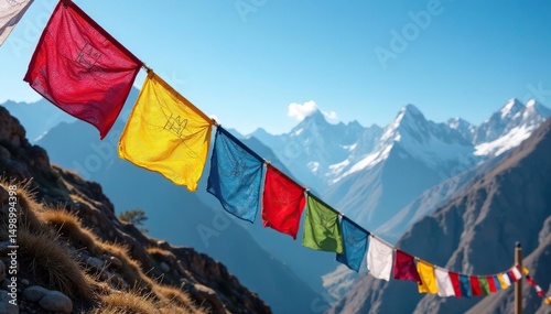 Vibrant prayer flags flutter in the wind against a mountain backdrop , culture, vibrant