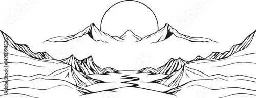 Fantastic landscape on a distant planet, mountains, planets, wastelands, futurism. Hand drawn vector illustration