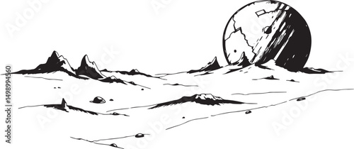 Fantastic landscape on a distant planet, mountains, planets, wastelands, futurism. Hand drawn vector illustration