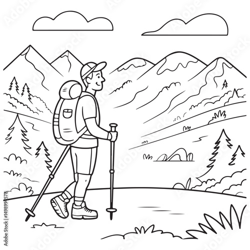 Hand-drawn illustration of a hiker walking on a mountain trail with backpack and trekking poles