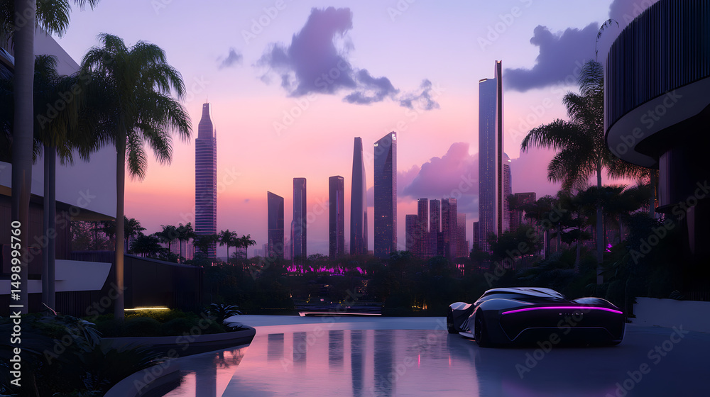 Obraz premium Modern metropolis skyline at sunset, palm-lined boulevards, retro-futuristic architecture, high-resolution digital art