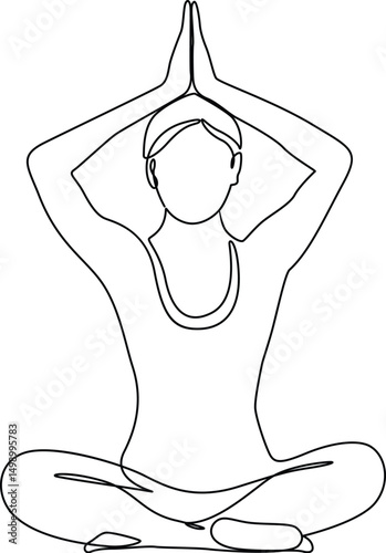 Woman Seated in yoga meditation with hands in overhead namaste position, one line art. 
