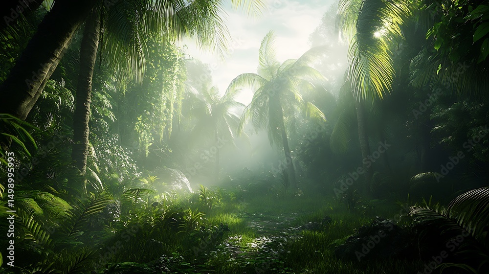 Obraz premium Lush jungle scene with sunlight filtering through palm trees and dense foliage.