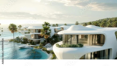Bird's eye drone perspective, panoramic view of Gaza coast, digital concept design of modern resorts Project