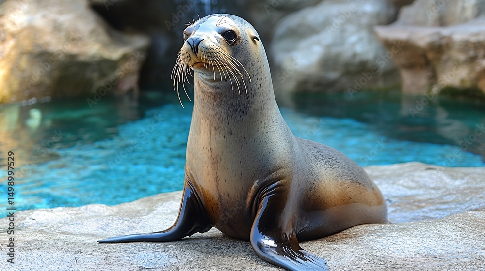 Obraz premium 59. Sea lion fur texture, sleek wet coat, rocky shore background