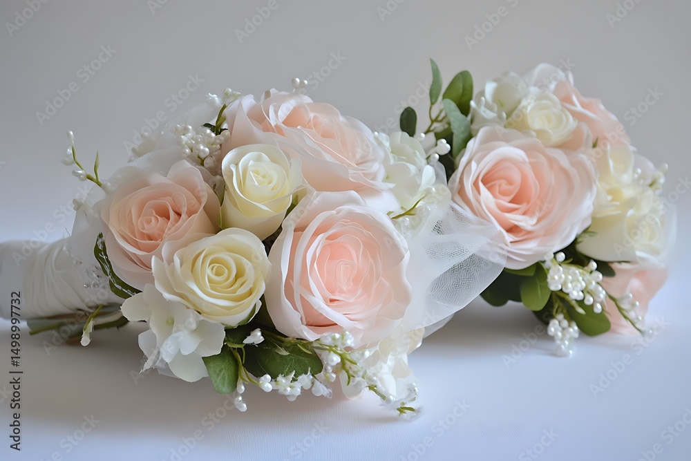 Obraz premium Two beautiful bouquets display light pink and white roses with small pearl accents