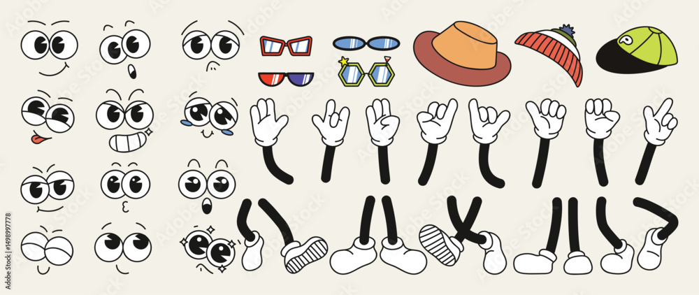 Fototapeta premium Set of 70s groovy comic vector. Collection of cartoon character faces in different emotions, hand, glove, glasses, hat, shoes. Cute retro groovy hippie illustration for decorative, sticker.