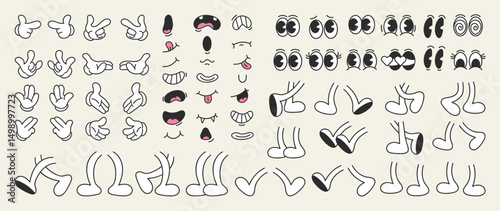 Set of 70s groovy comic faces vector. Collection of cartoon character faces, leg, hand in different emotions happy, angry, sad, cheerful. Cute retro groovy hippie illustration for decorative, sticker.